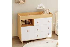 ROMSHINE Baby Dresser with Changing Table Top, 4 Drawers Nursery Dresser with Removable Guard, Infant Diaper Changing Station Baby Cloth Organizer for Nursery and Kids Bedroom, Wood Color - 44.9" W