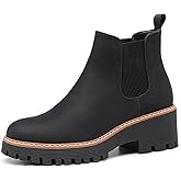 DECARSDZ Womens Chunky Platform Chelsea Boot With Elastic Low Wedge Heel Slip On For Fall Work Suede Leather Classic Style Ankle Boots Women