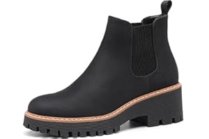 DECARSDZ Womens Chunky Platform Chelsea Boot With Elastic Low Wedge Heel Slip On For Fall Work Suede Leather Classic Style Ankle Boots Women