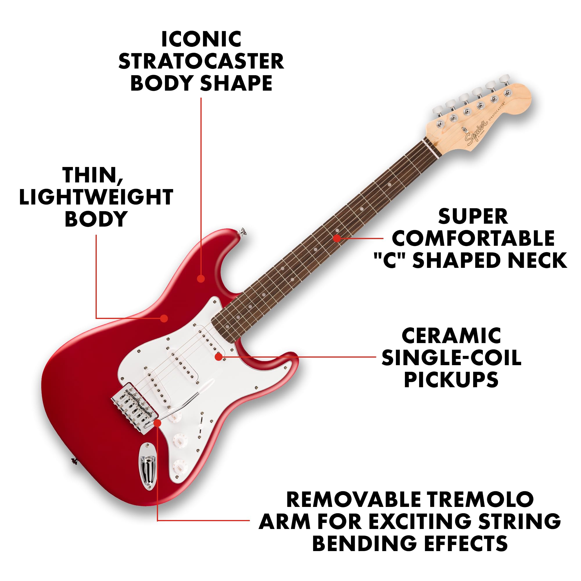 Guitarra eléctrica Fender Squier Debut Series Stratocaster, guitarra para principiantes, con garantía de 2 años, incluye lecciones gratuitas, rojo Dakota con acabado mate