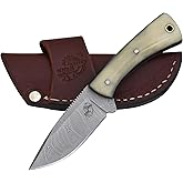 Knives Ranch Fixed Blade Hunting Knife - Full Tang EDC - Damascus Skinning Knife - Bone Handle and Heavy Duty Horizontal Carry Sheath Snug Fit (4402-B)