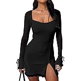Kaximil Women's Sexy Bodycon Mesh Long Sleeve Square Neck Slit Party Short Mini Dress