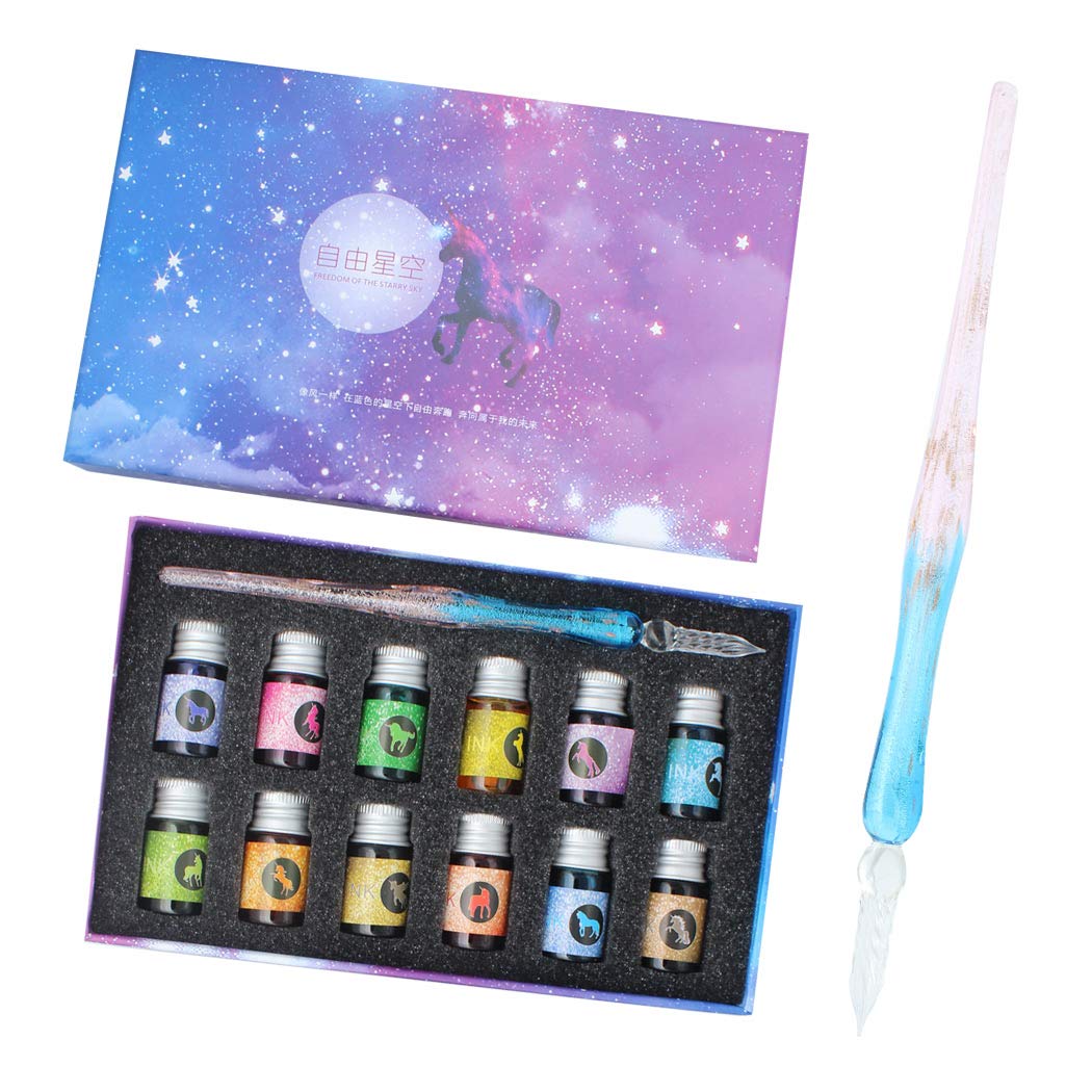 SIPLIV Handmade Glass Dip Pen Set, Crystal Sparkling Signature Drawing Calligraphy Writing Pen, 13 Pcs Gift Set with 12 Colors Ink, 1 Glass Pen - Gradient Light blue