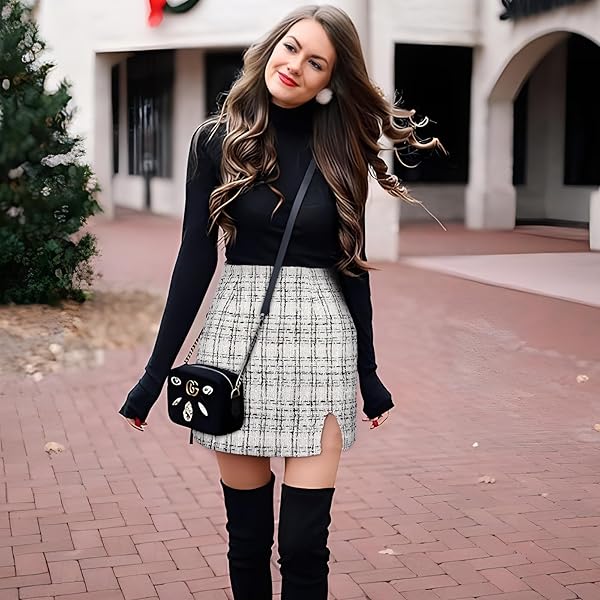 IBEAUTI WOMEN’S HIGH WAIST PLAID SKIRT SIDE SPLIT BODYCON PENCIL MINI SKIRT (US, ALPHA, SMALL, REGULAR, REGULAR, PLAID WHITE)
