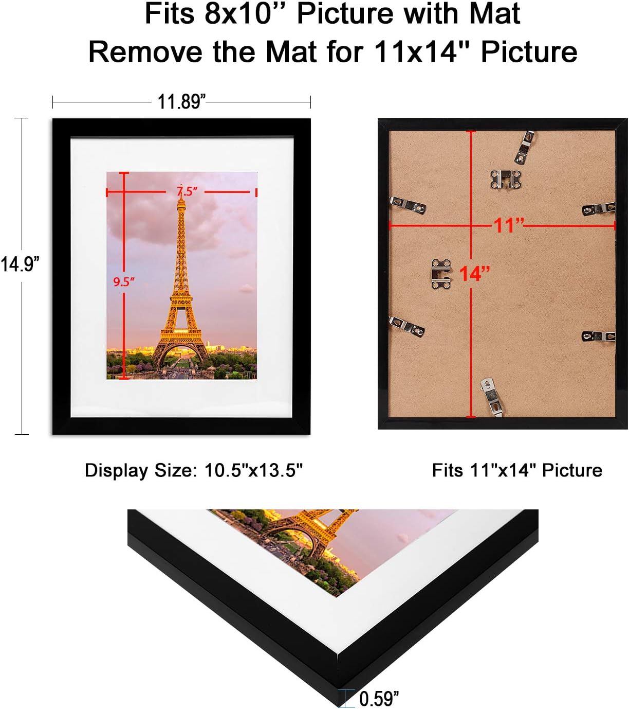 upsimples 11x14 Picture Frame Set of 3, Made of High Definition Glass for 8x10 with Mat or 11x14 Without Mat, Wall Mounting Photo Frame Black -