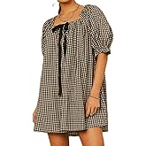 Women Plaid Half Sleeve Dress Loose Fit Cropped Mini A-Line Tunic Y2K Vintage Casual Swing Smocked Babydoll Dress