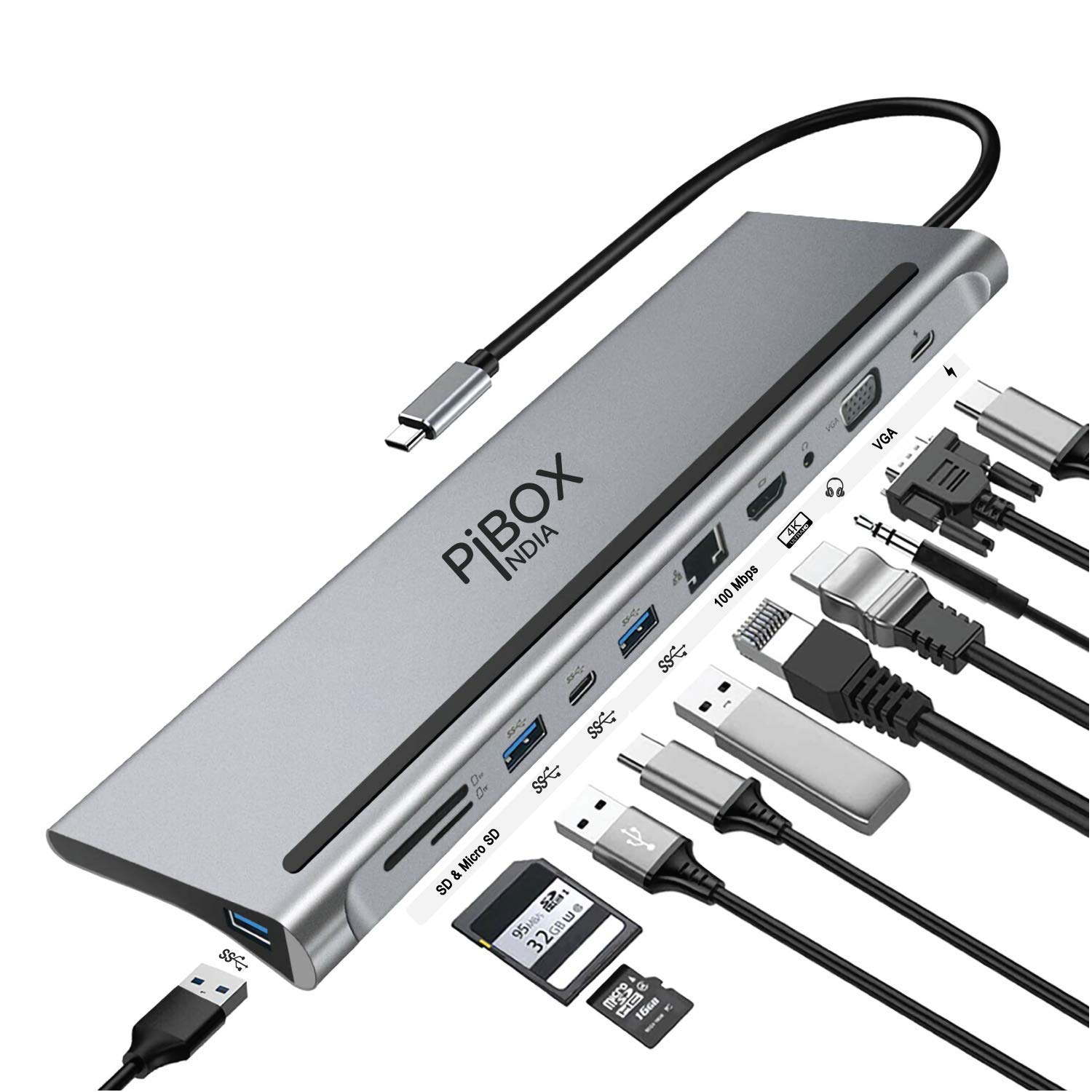 PIBOX India, 11 in 1 USB C Dock Adapter Type C Hub, 3X USB 3.0, Ethernet, VGA, 4K HDMI Port,SD/TF Card Reader,PD Charging Port and 3.5mm Audio for MacBook, Thunderbolt 3.0 laptops