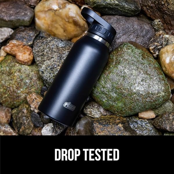 GORILLA GRIP HEAVY DUTY INSULATED WATER BOTTLE, 40 OZ, LEAKPROOF FLIP STRAW, STAINLESS STEEL WALL KEEPS DRINK COLD UP TO 8 HOURS, DENT RESISTANT TUMBLER, BPA-FREE TRAVEL BOTTLES, DISHWASHER SAFE BLACK