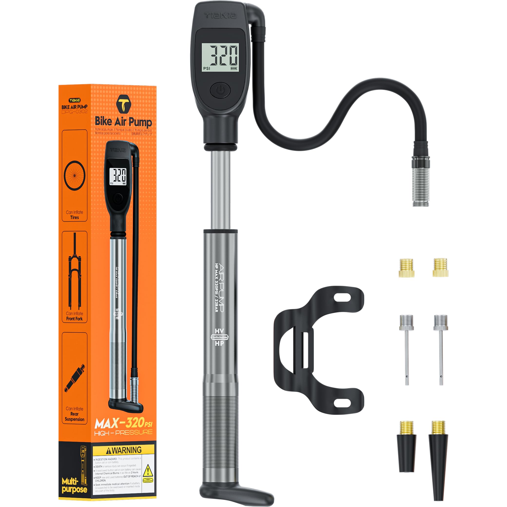 Tiakia Hochdruck Dämpferpumpe mit Digitaler Manometer 320PSI Für Luftdämpfer und federgabel,Tragbare fahrradpumpe Aluminium reifenpumpe Fahrrad Rahmenpumpen,Für Schrader/Presta、DH、MTB (Black)