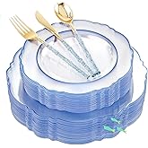 Liacere 150PCS Clear and Blue Plastic Plates-Clear and Blue Disposable Plates with Glitter Bamboo Handle Cutlery-60 Baroque Elegant Plates, 30 Forks, 30 Spoons, 30 Knives for Wedding＆Christmas
