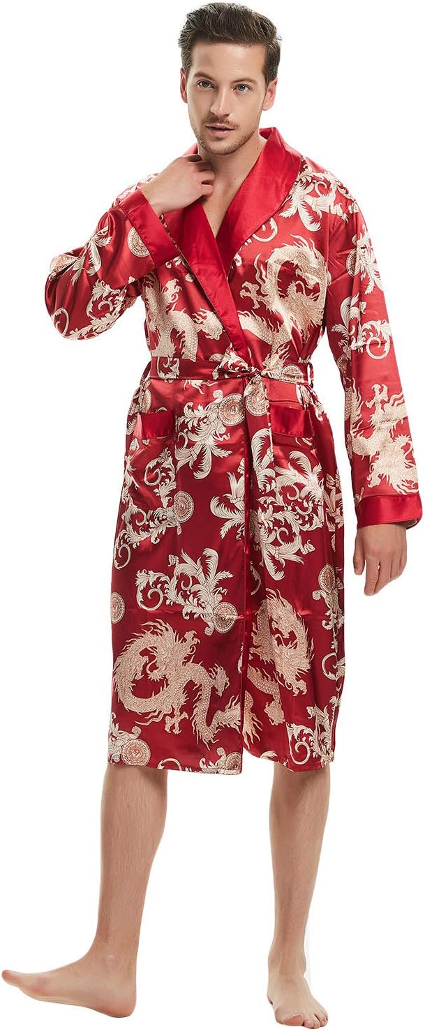 Haseil Men's Satin Robe Dragon Luxurious Silk Spa Long Sleeve House Kimono Bathrobe