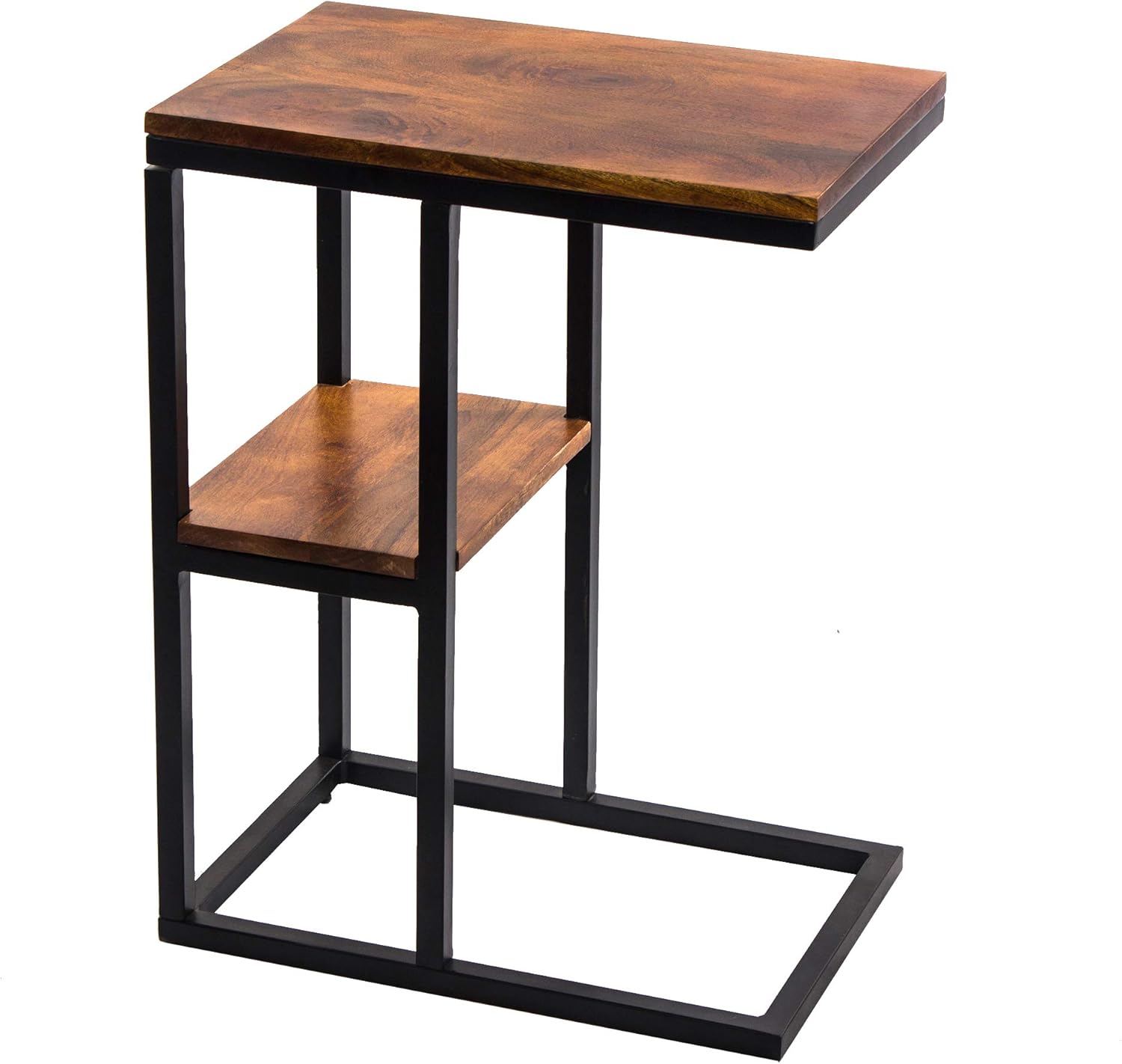 The Urban Port Iron Framed Mango Wood Accent Table with Lower Shelf, Brown