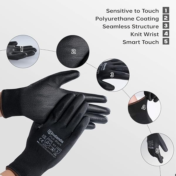 ANDANDA SAFETY WORK GLOVES, SEAMLESS KNIT GARDENING GLOVES WITH PU COATED, IDEAL WORK GLOVES MEN FOR GENERAL WORK, WAREHOUSE, GARDEN, BLACK M-24 PAIRS