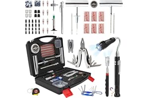 URMECCH Car Tire Repair Kit with Telescopic Magnetic Flashlight Pick Up Tool with Led Light Emergency Toolbox for Truck RV SUV Motorcycle for Man