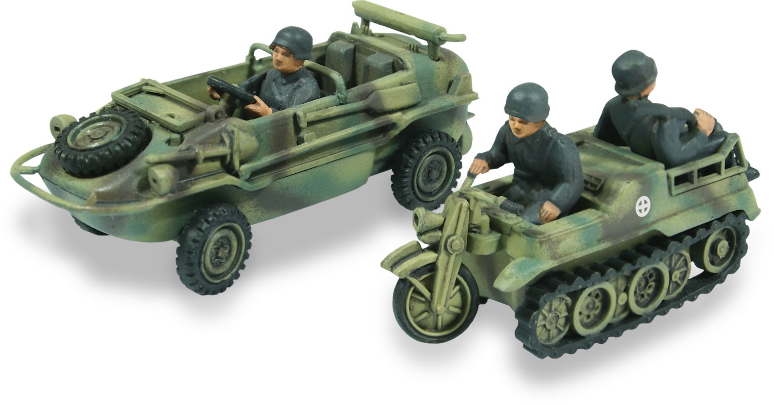 Lindberg 1:72 scale Schwimmwagen Amphibious Jeep and Kettenkrad 1:2 Track Motorcycle Model Kit, Ages 10+