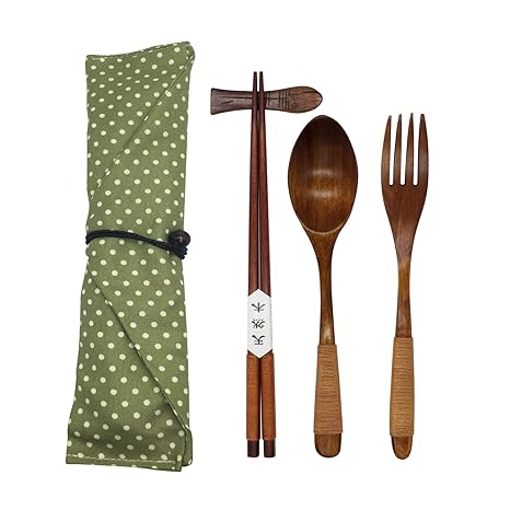 Juego de cubertería de madera natural japonesa de 5 piezas (1 cuchara, 1 juego