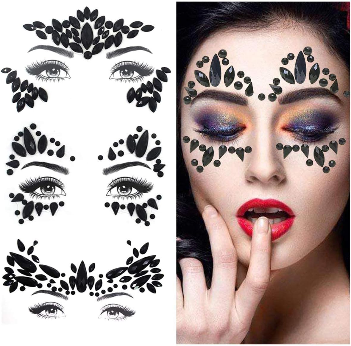 Halloween Face Gems Black, 3Pcs Day of the Dead Face Jewels Makeup Stickers Crystals, Festival Make up Kit Costume for Women Men