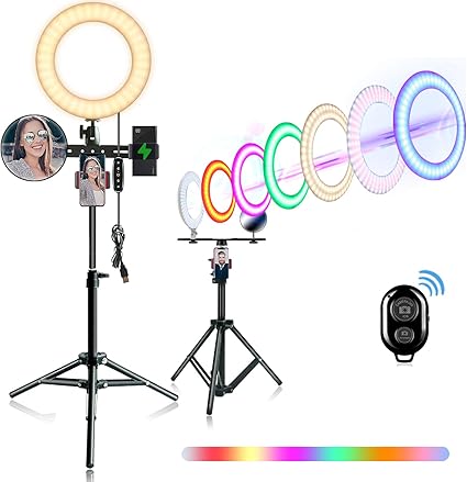 Amazon.com: Anillo de luz para selfie de 10 pulgadas con soporte y soporte para teléfono, luz de anillo ajustable RGB arcoíris, para fotos en directo/maquillaje/autotemporizador/vídeo/fotografía de producto compatible con iPhone Android