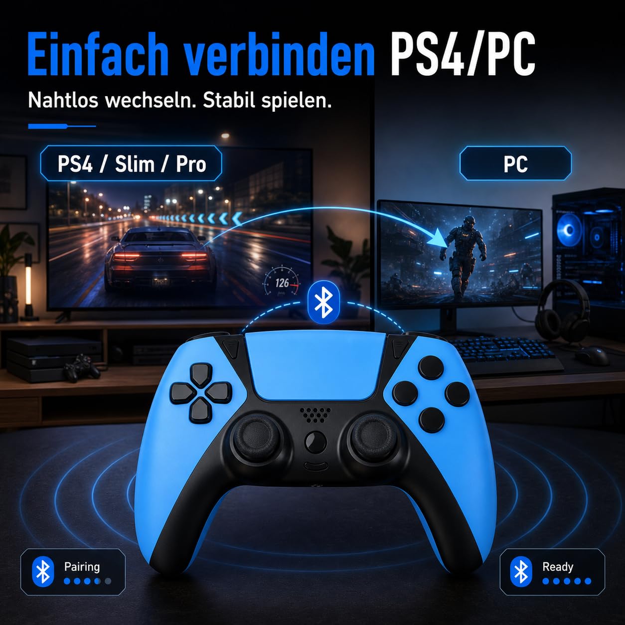 Wireless für PS4 Controller,Programmierbaren Tasten Turbo,ALPS-Sticks Blau 3