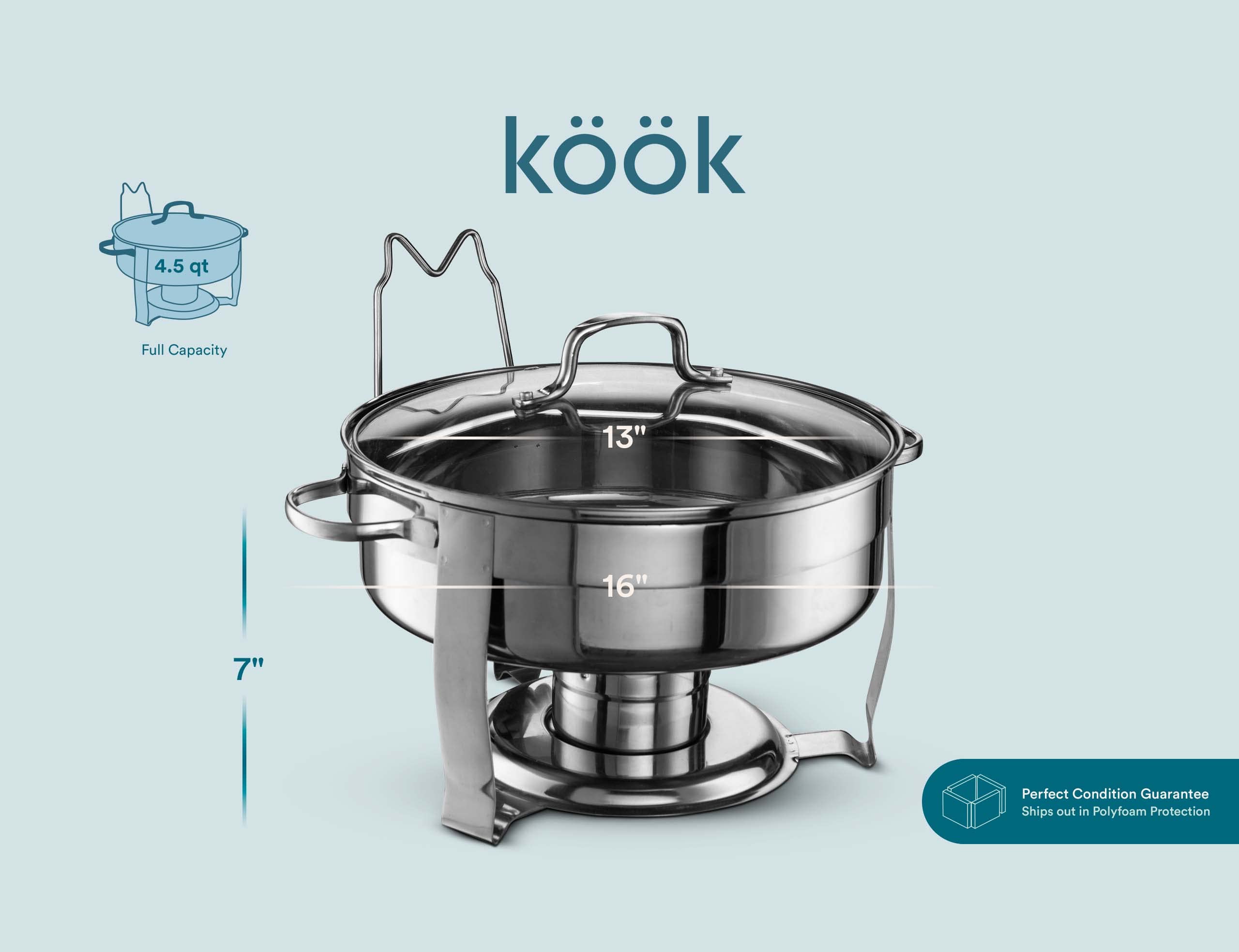 Chafing Dish for Buffet Set, by Kook, Catering Food Warmers, Round Dishes, Warmer Tray, Stainless Steel with Glass Cover and Holder, for Parties, Dinners, 4.5 Qt