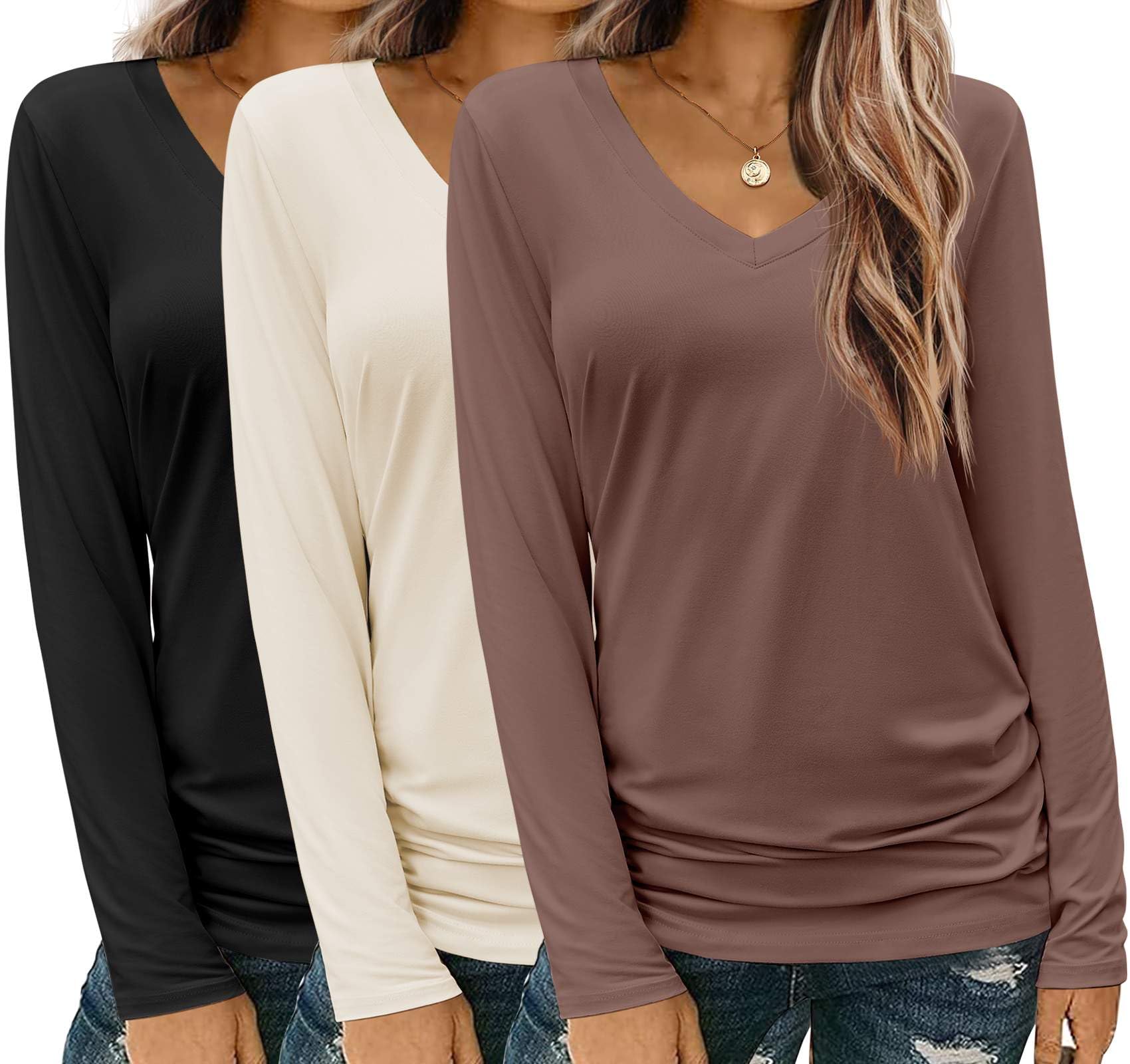 Photo 1 of Zeagoo 3 Pack Womens T Shirts V Neck Long Sleeve Shirt Casual Tops Soft Solid Basic Tee Fall Outfits S-XXL, Medium, Black, Brown, Apricot