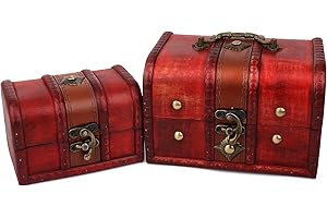 Coolrunner 2pcs Antique Vintage Wooden Box Stamp Flower Small Metal Lock Jewelry Treasure Chest Handmade Retro Wood Organizer Case Box (2 pcs)