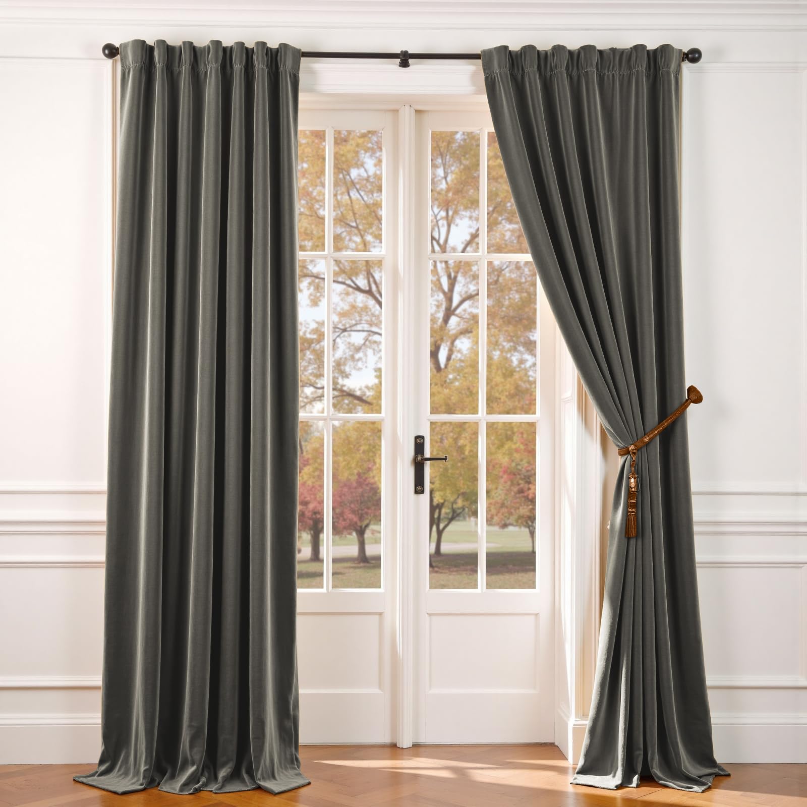 Lazzzy Velvet Blackout Extra Long Curtains Thermal Insulated Room Window Drapes Super Soft Luxury Curtains for Living Room Bedroom Rod Pocket 2 Panels, Grey, 62" W x 108" L Image