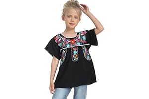 YZXDORWJ Mexican Blouse for Girls Traditional Embroidered Summer Short Sleeve Peasant Blouse for Kids