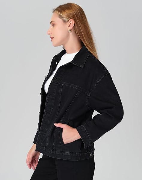 ROSWEAR WOMEN’S DENIM JACKETS OVERSIZED BUTTON LONG SLEEVE WASHED JEAN TRUCKER JACKET WITH POCKETS BLACK X-LARGE