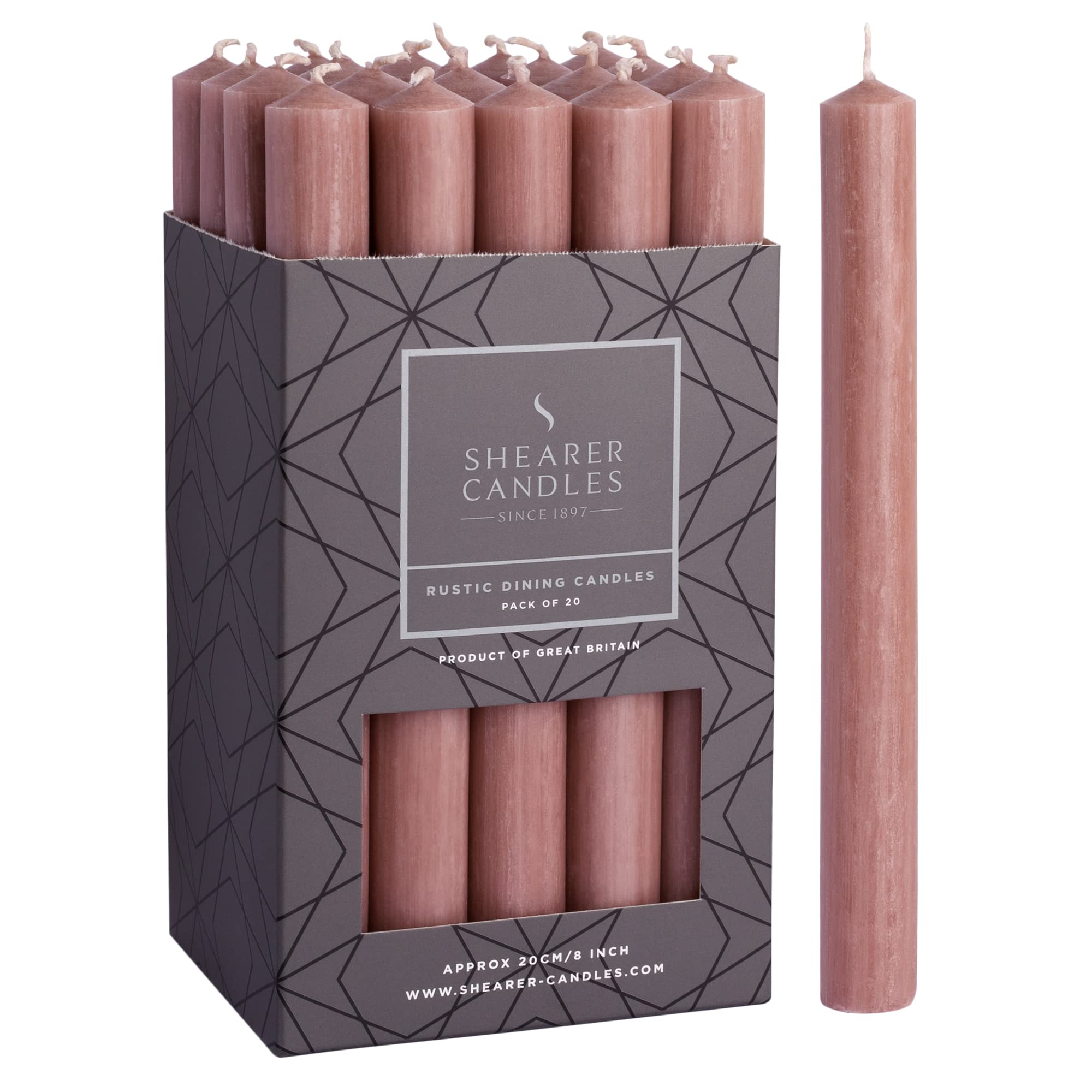 Shearer Candles Dusky Pink - Dinner Candles - 8 inch - Unscented Dinner Candles - 8 Hour Burn Time - 20 Pack (PR8947)