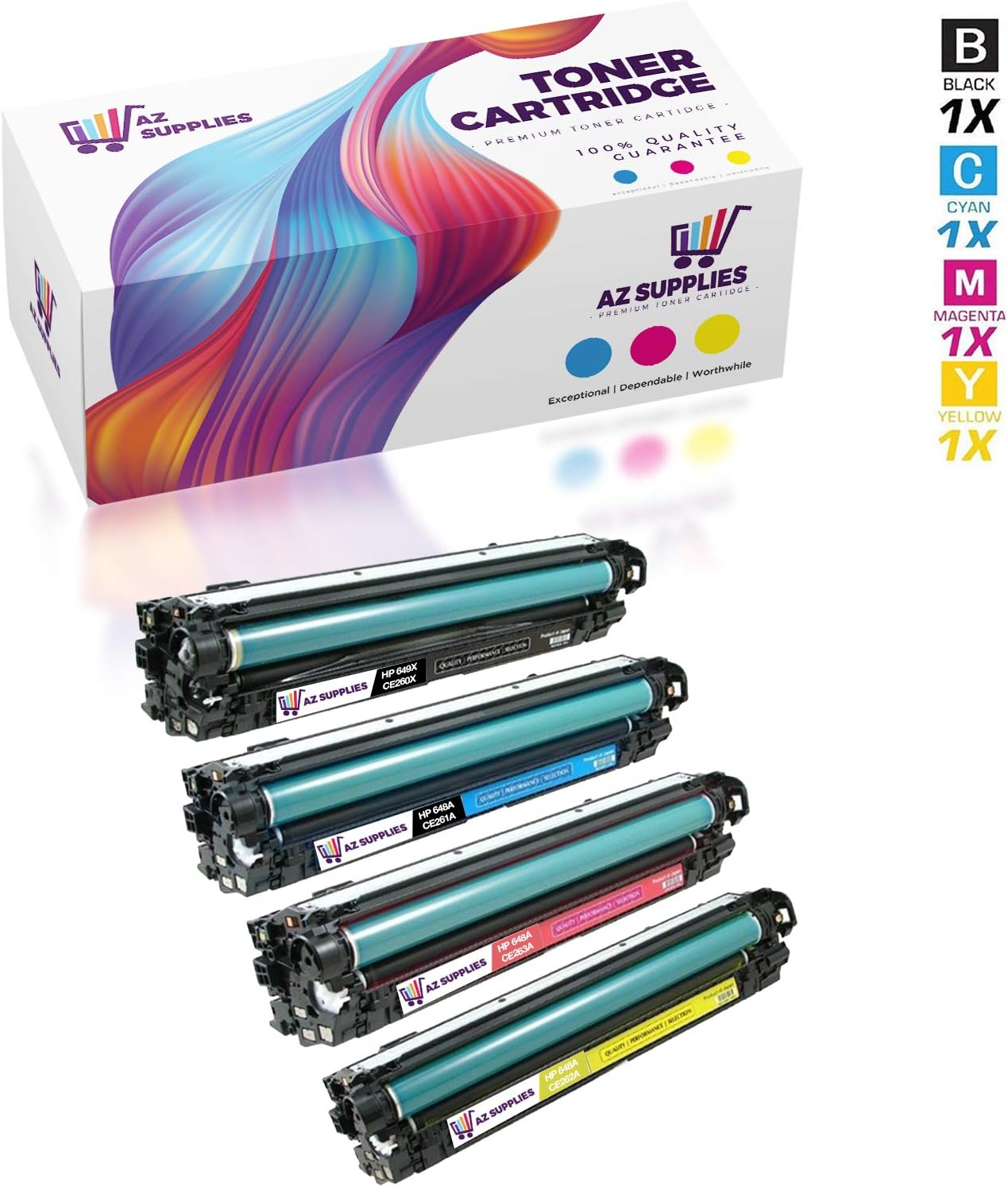 AZ Compatible Toner Cartridge Replacement for HP 648A/649X (CE260X, CE261A, CE262A, CE263A) use in Color Laserjet CP4525, CP4525N, CP4525DN, CP4525XH (Black, Yellow, Cyan, Magenta, 4-Pack)