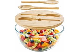 Glass Salad Bowl with Lid, Large Trifle Bowl Glass Fruit Bowl, 4.7 Quart / 150oz Salad Serving Bowls with Bamboo Utensils for