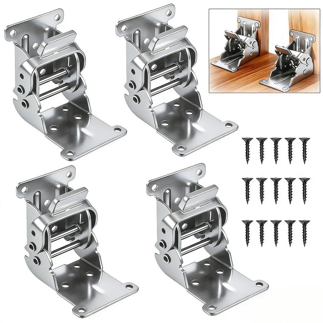 Photo 1 of 4 Pack Stainless Steel Invisible Self-Locking Folding Hinge, Folding Table Brackets,0-90-180 Degrees Adjustable with Lock Button and Screws for Furniture Legs & Worktops, Self Lock Extension Support