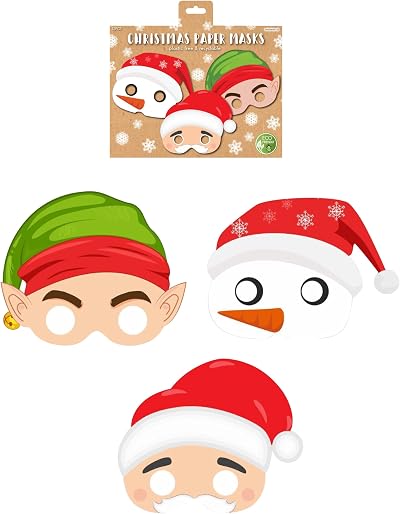 HENBRANDT 12x Kids Christmas Paper Party Masks 3 Designs - Fancy Dress Stocking