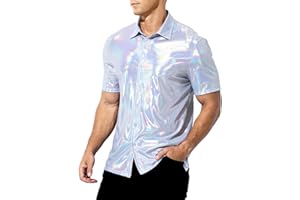 Arjen Kroos Mens 70s Disco Shirt Sequins Party Costume Short Sleeve Metallic Rave Button Down Shirts