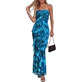 BTFBM Spring Dresses for Women 2026 Strapless Maxi Ruched Bodycon Floral Ruffle Cocktail Formal Wedding Guest Dress