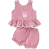 Kayotuas Baby Girl Birthday Outfit Bow Cupcake Embroidery Ruffle Tank Top Bubble Shorts Infant Gingham Outfits Summer Clothes