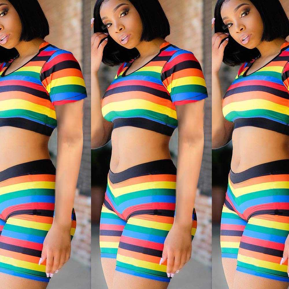 ECHOINE 2 Piece Outfits for Women, Bodycon Jumpsuits Crewneck Pullover Short Sleeve Striped Tracksuit Rompers Bodysuit S