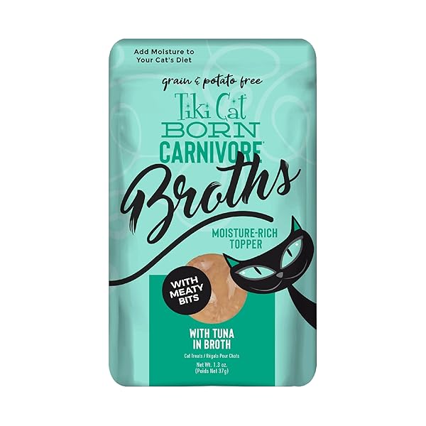 TIKI CAT BORN CARNIVORE BROTHS, TUNA RECIPE, HYDRATION AND FLAVOR SUPPLEMENT CAT FOOD TOPPER, 1.3 OZ. POUCH (PACK OF 12)