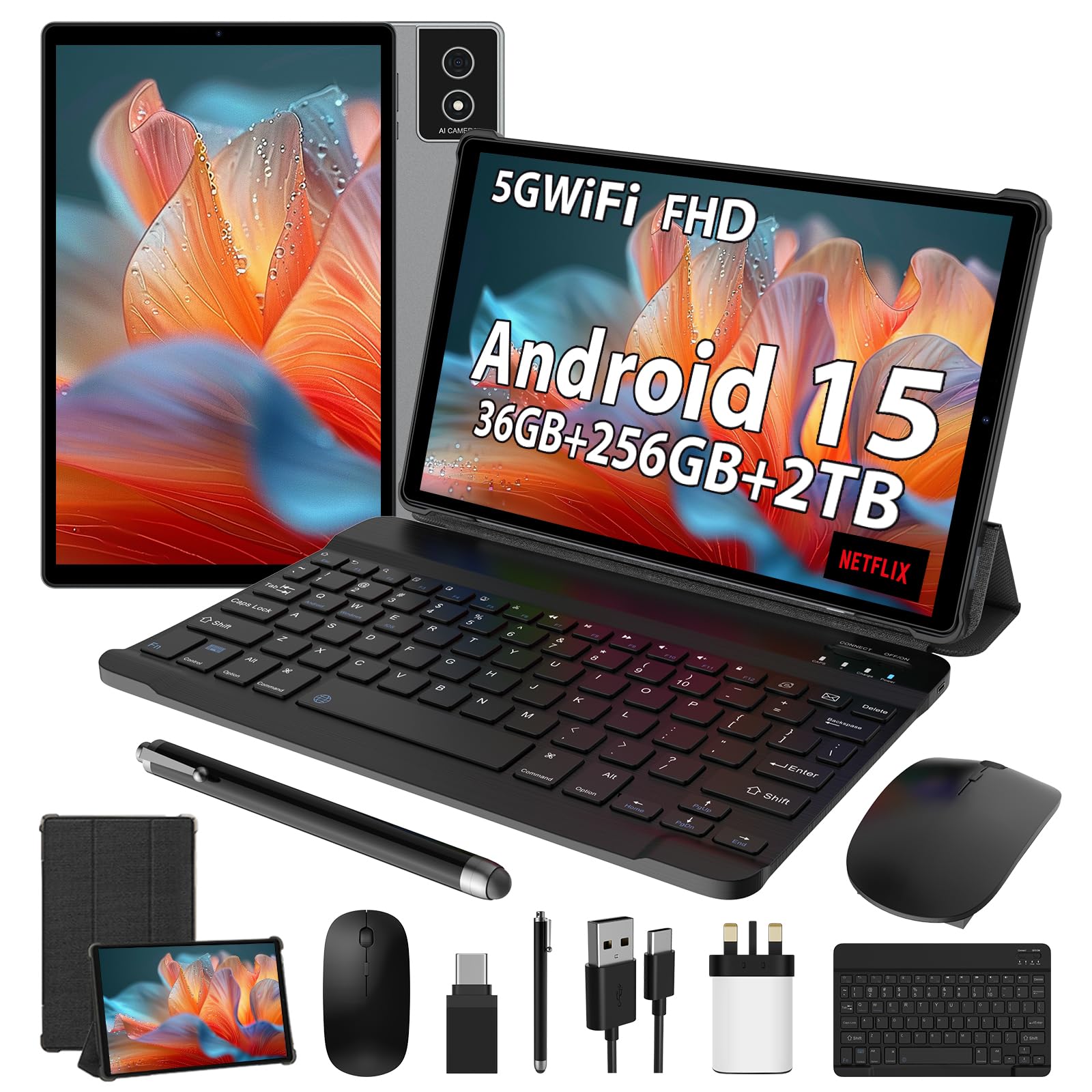 Tablet 10.4 inch Android 15 Tablets Octa-Core 36GB RAM +256GB ROM/2TB, INCELL Screen Tablet with Keyboard and Mouse|WALN|8000mAH|Widevine L1+|Bluetooth 5.0|8MP+13MP|GPS|-Gray
