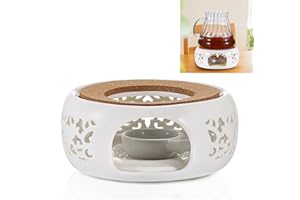 BSTKEY Teapot Warmer, Ceramic Tea Warmer with Tealight Holder and Cork Cushion, Teapot Heater for Heating Coffee Milk Tea (White, Ocean Flower Style)