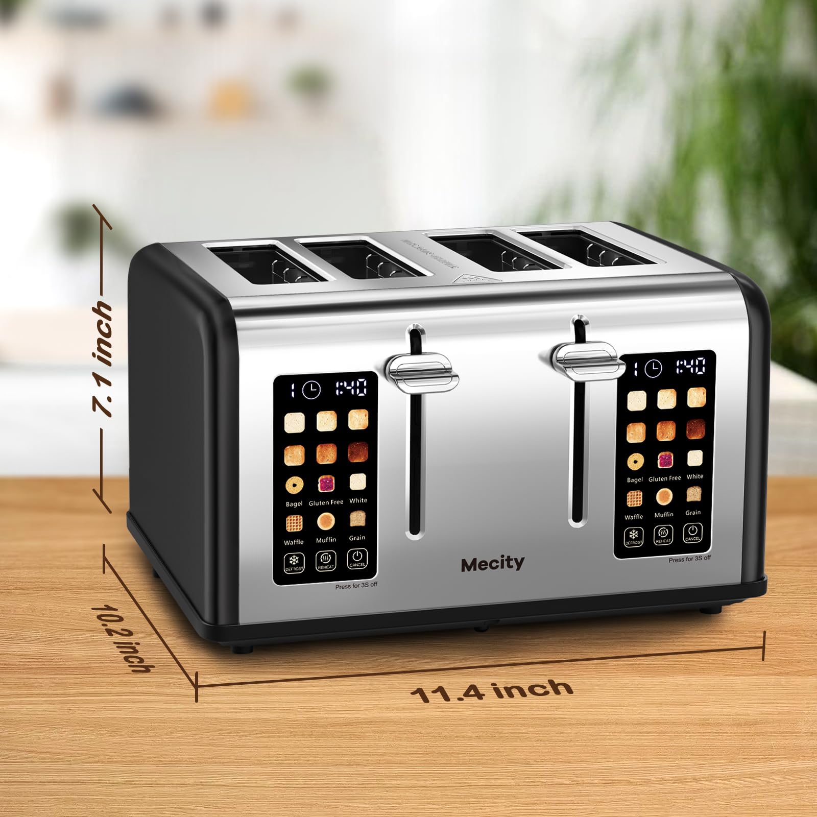 Mecity Tostadora de 4 Rebanadas con Control de Pantalla Táctil, 4 Ranuras Anchas, Tostadora de Pan Inteligente de Acero Inoxidable para Bagels, Muffins, Waffles, Panel de Control Dual, Temporizador, Descongelar, Recalentar, 120V 1650W, Negro Mate