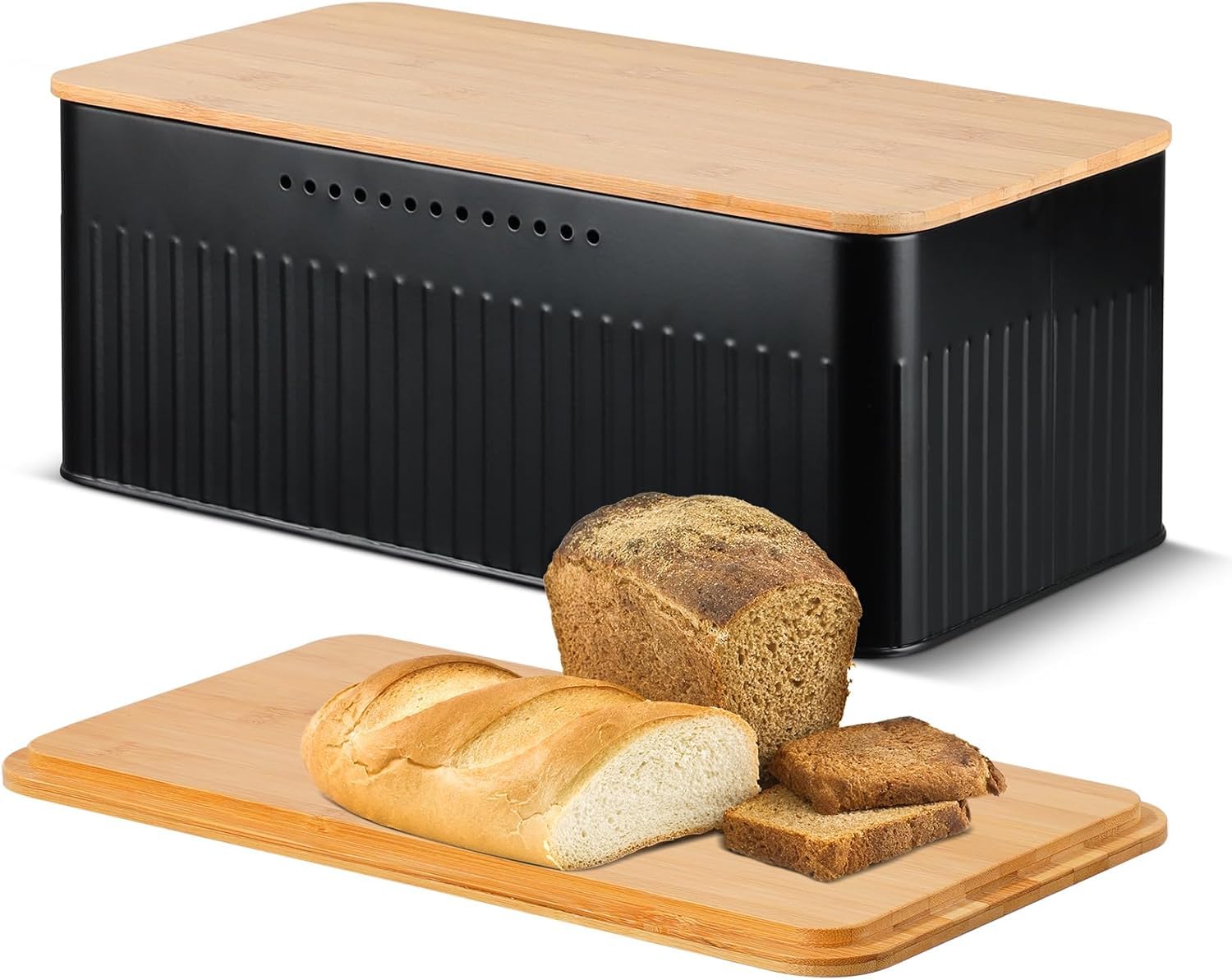 Hossejoy Metal Bread Box with Bamboo Cutting Board Lid, Bread Storage Container for Kitchen Countertop, Modern Bread Bin Holder Breadbox, Kitchen Decor Organizer (Black)