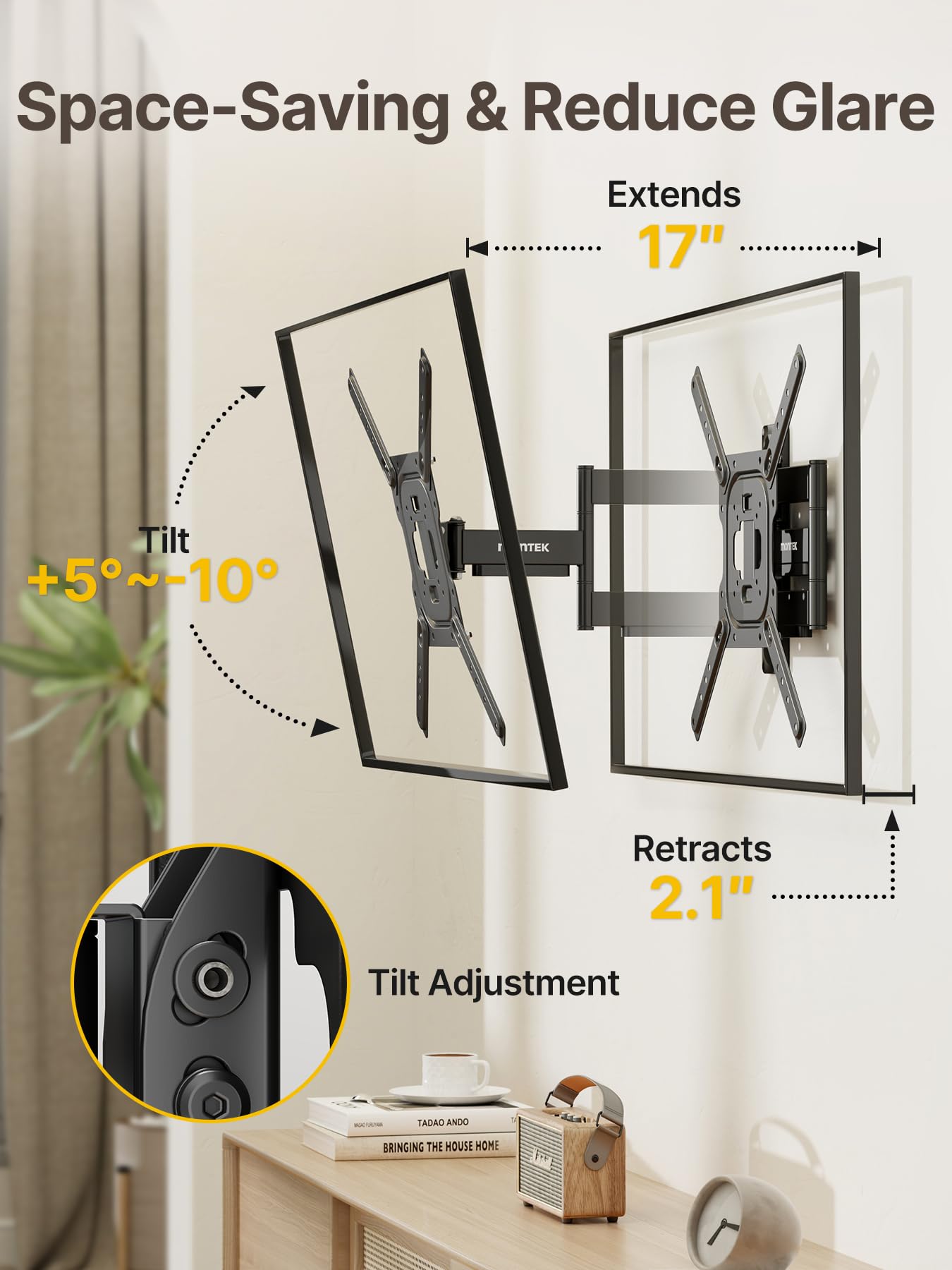 monTEK Full Motion TV Wall Mount for 23–65 Inch Flat & Curved TVs and Monitors, Swivel & Tilt Articulating Bracket, Max VESA 400x400mm, Holds up to 77 lbs, Perfect Center Design