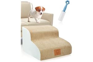 TNELTUEB High Density Foam Dog Stairs 2 Tiers, Extra Wide Deep Dog Steps, Non-Slip Dog Ramp, Soft Foam Pet Steps, Best for Dogs Injured,Older Cats,Pets with Joint Pain, with 1 Dog Rope Toy (Yellow)