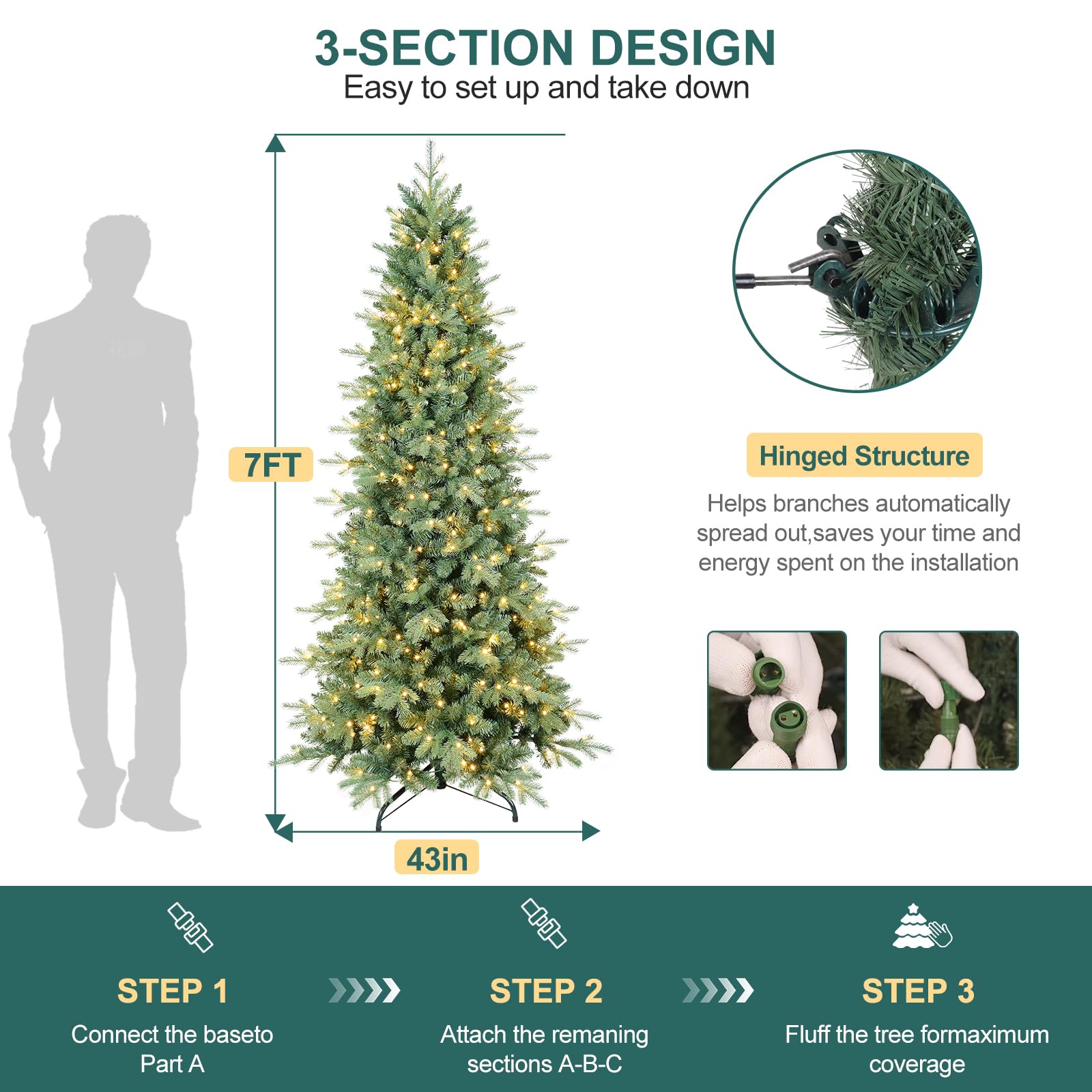 7 FT Prelit Artificial Skinny Christmas Tree,Blue Spruce Slim Pencil Xmas Tree with 1552 PE&PVC Mixed Branch Tips and 400 UL Listed Clear Lights,Hinged Pine Tree with Metal Stand for Home Office Décor