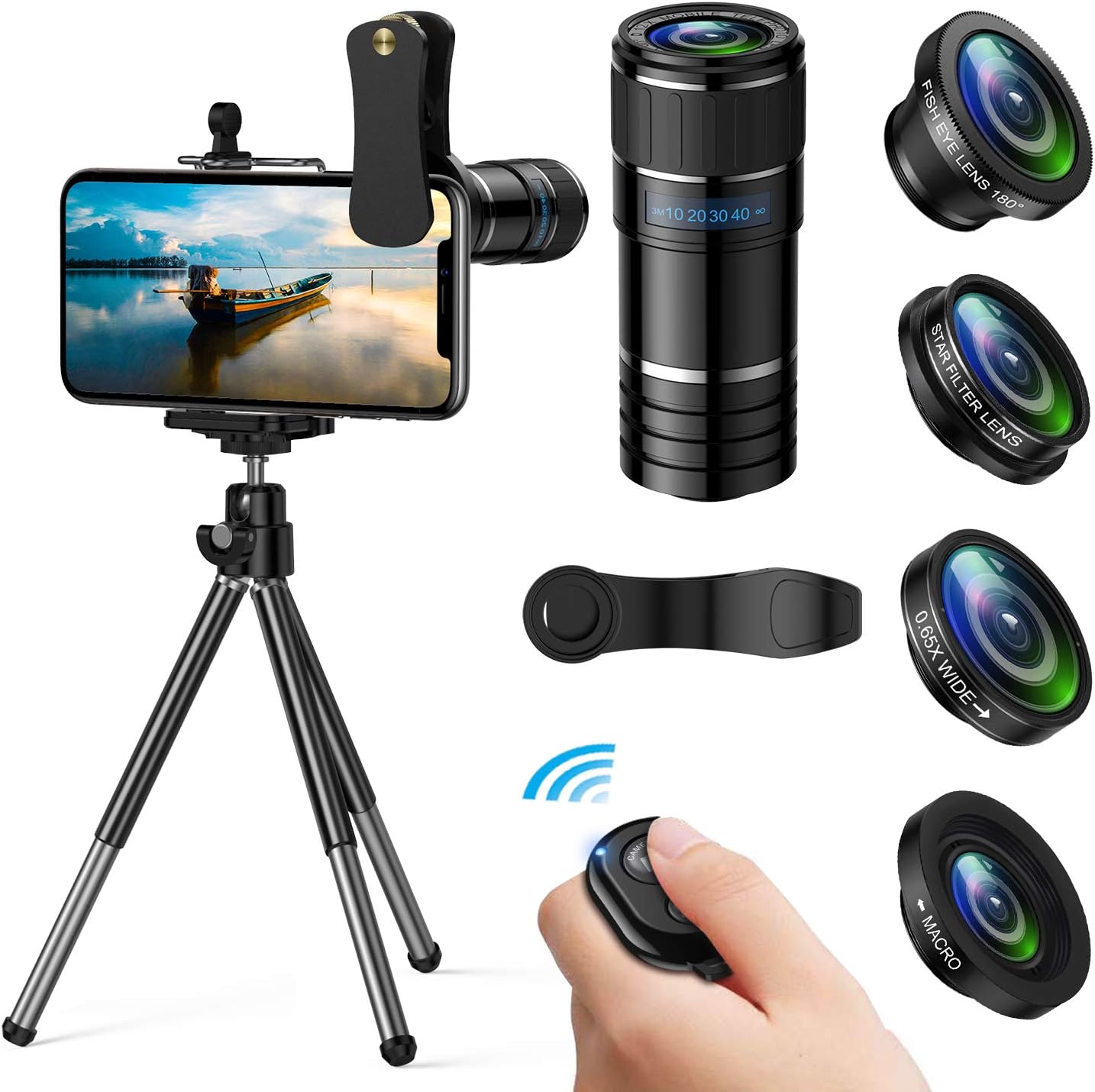 Phone Camera Lens, 5 in 1 iPhone Camera Lens Kit - 12x Telephoto Lens+180ยฐFisheye Lens+0.65x Wide Angle Lens+12x Macro Lens+Star Filter Lens,Phone Photography Video Lens with Tripod+Remote Shutter