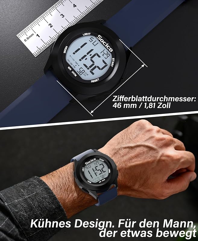 Herren Digitaluhr Sport Militär Uhren wasserdichte Outdoor-Chronographen-Armbanduhren für Männer mit LED Beleuchtung Alarm Datum (Blau) — Foto 2 von 7