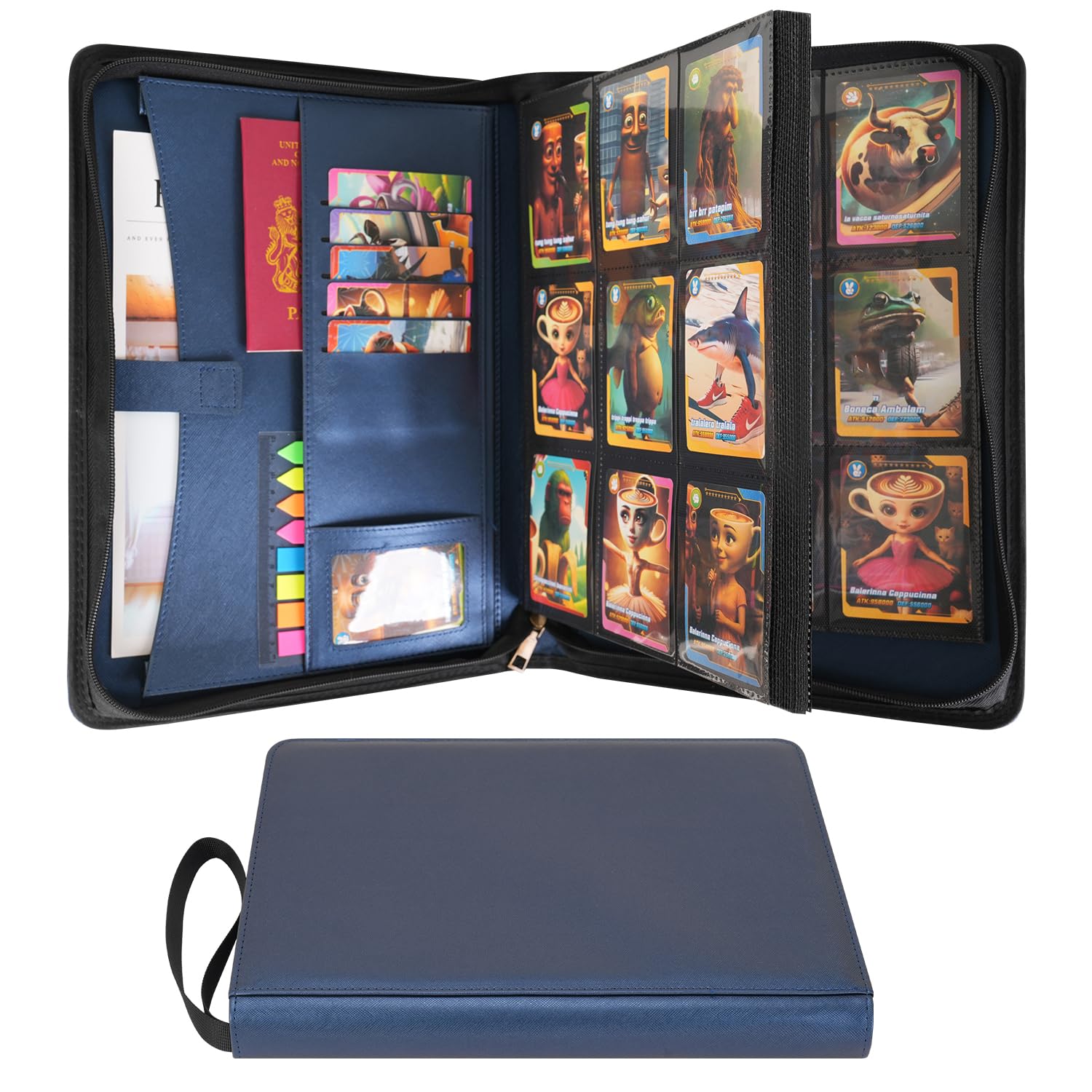 Wonderpool Trading Card Album A4 Binder 9-Pocket with Zipper for 540 Card, Leather pu Card Holder Folders Storage, 30 Side-Loading Pages for MTG, TCG, Game Sleek Sports Cards Collectible (Blue)