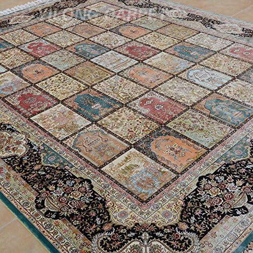 Yilong 8'x10' Large Persian Silk Rug Traditional Tabriz Classic Four Season Floral Design Hand Knotted Home Carpet (8 Feet by 10 Feet, Black Border) YL1897